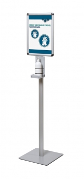 <p>Hand sanitising station with intergrated frame.<br />For better protection of customers and employees.<br />Integrated, high quality aluminium A3 snap frame.<br />Bottle not included.</p>
<p>Standing just over 1.5m tall and just 33cm wide at the base.<br />Weight 9.8 kg.</p>